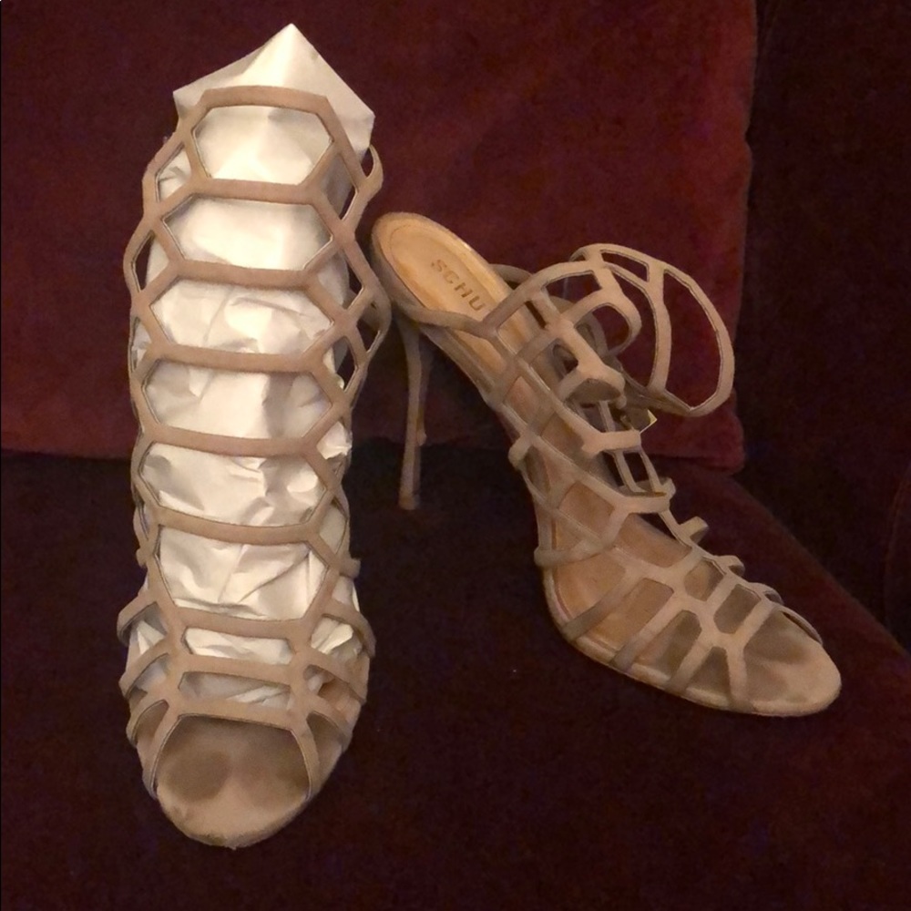 SCHUTZ beige/taupe honeycomb strappy heel sandals